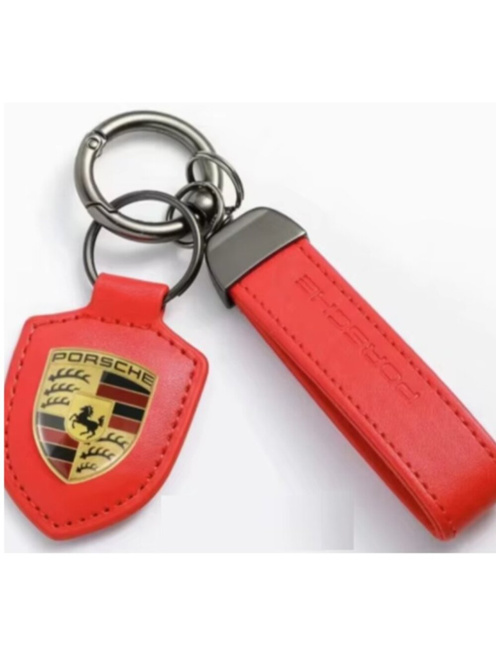 Porsche Yellow and Gold Keychain Pendant Yellow Leather Raised Metal Logo. NEW - Picture 6 of 6